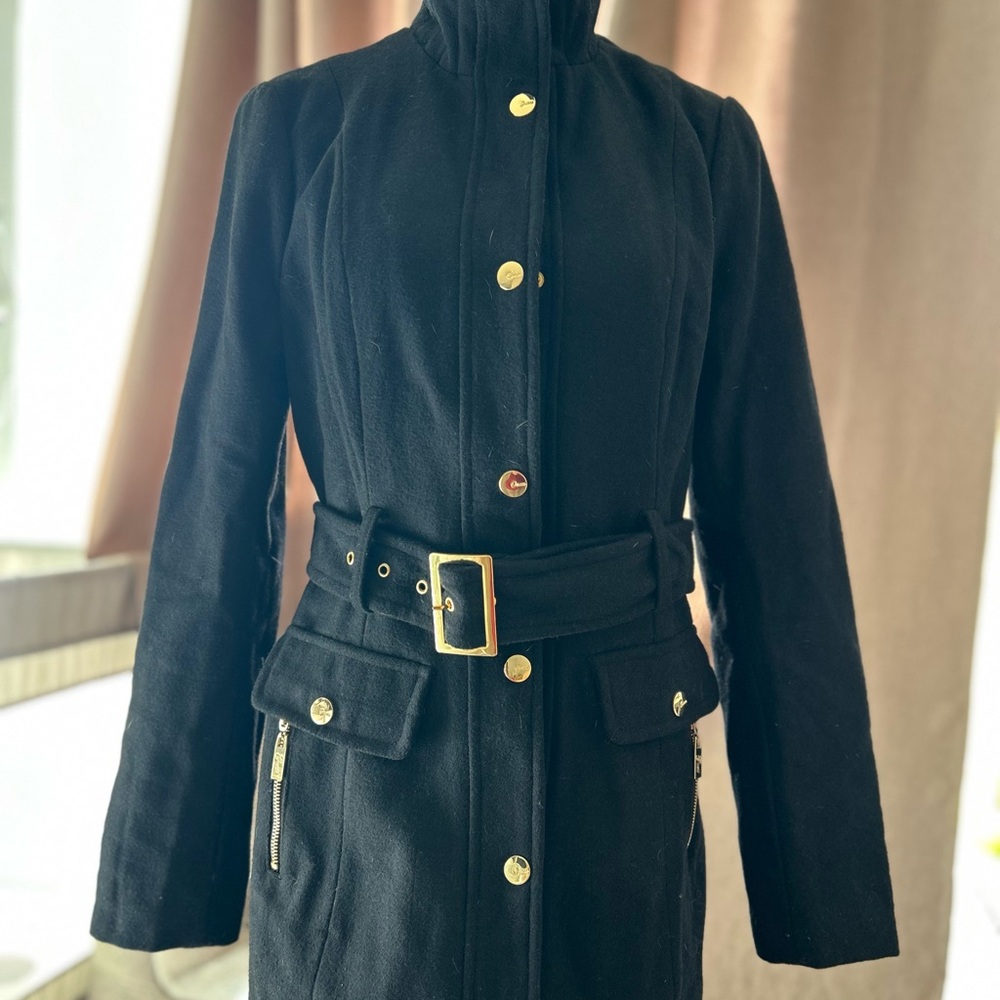 Guess Wool Blend Black Belted Coat
